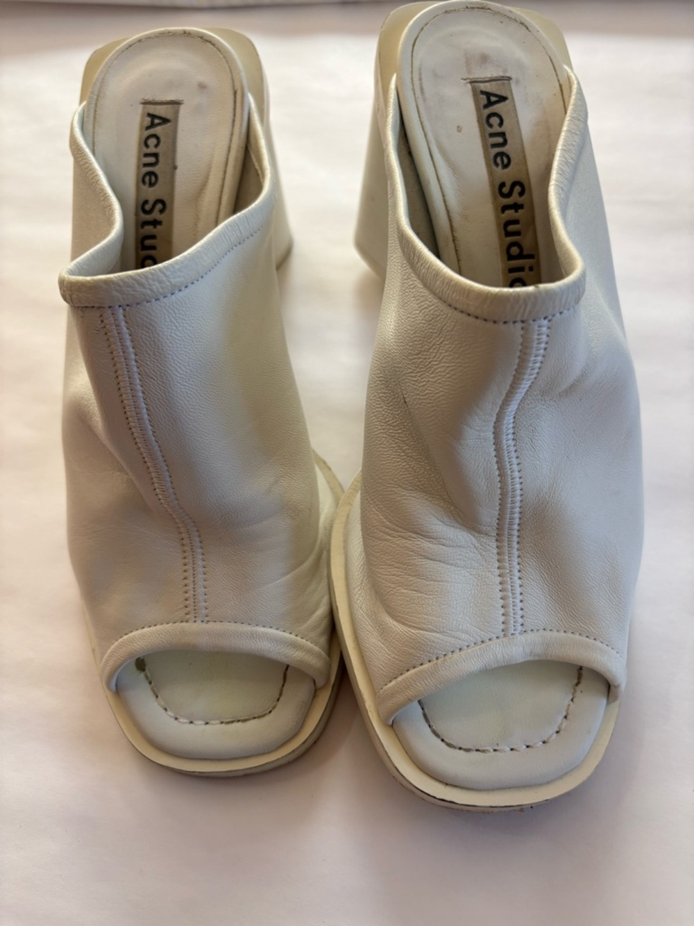 Acne White Leather Peep-Toe Mules - Picture 2 of 4